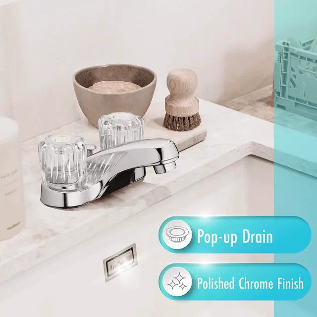 Alt view image 2 of 7 - Two-Handle Bathroom Sink Faucet, Chrome, Acrylic Handles | 1.2 GPM Flow, 3-Hole, Low-Arc Spout, Washerless Cartridge, Brass Shanks, Pop-Up Drain Included, Double Handle Faucet