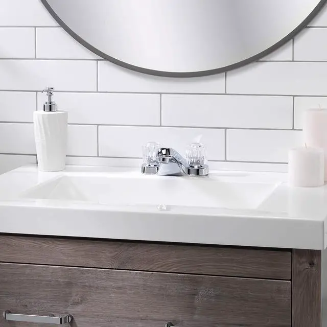 Alt view image 4 of 7 - Two-Handle Bathroom Sink Faucet, Chrome, Acrylic Handles | 1.2 GPM Flow, 3-Hole, Low-Arc Spout, Washerless Cartridge, Brass Shanks, Pop-Up Drain Included, Double Handle Faucet
