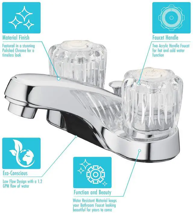 Alt view image 6 of 7 - Two-Handle Bathroom Sink Faucet, Chrome, Acrylic Handles | 1.2 GPM Flow, 3-Hole, Low-Arc Spout, Washerless Cartridge, Brass Shanks, Pop-Up Drain Included, Double Handle Faucet