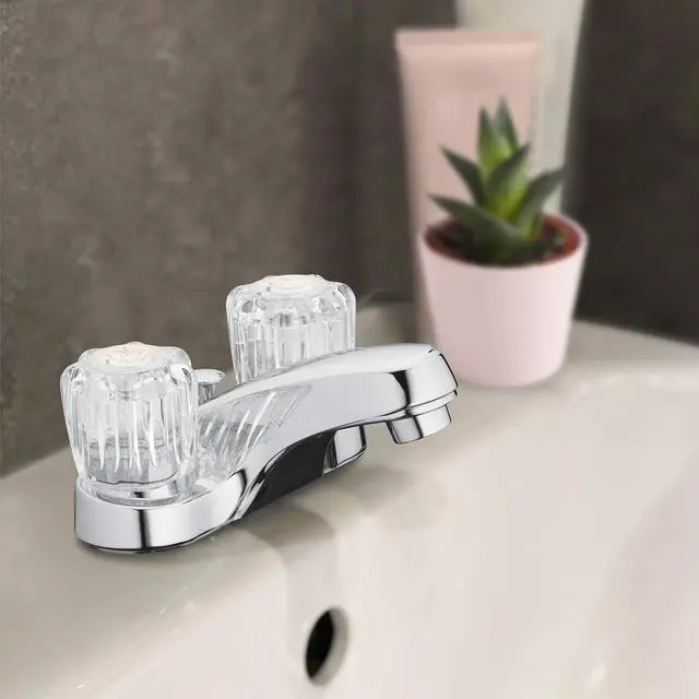Alt view image 5 of 7 - Two-Handle Bathroom Sink Faucet, Chrome, Acrylic Handles | 1.2 GPM Flow, 3-Hole, Low-Arc Spout, Washerless Cartridge, Brass Shanks, Pop-Up Drain Included, Double Handle Faucet