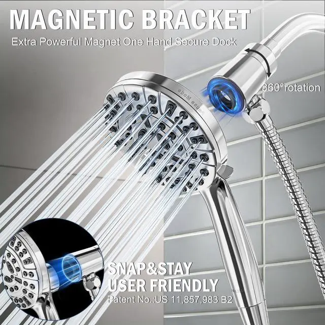 Alt view image 2 of 7 - 9 Settings High Pressure Magnetic Shower Head with Handheld | Power Wash for Tub&Tile, Magnetic Bracket, Pause Mode for Water Saving, Easy Clean Nozzles, 6ft Hose, Premium Chrome