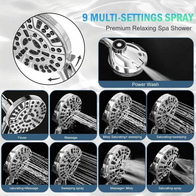 Alt view image 4 of 7 - 9 Settings High Pressure Magnetic Shower Head with Handheld | Power Wash for Tub&Tile, Magnetic Bracket, Pause Mode for Water Saving, Easy Clean Nozzles, 6ft Hose, Premium Chrome
