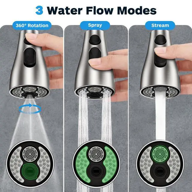 Alt view image 2 of 6 - Kitchen Faucet Head Replacement 3 Modes with 17 Adapters, Pull Down Spray Head for Kitchen Faucet, Kitchen Sink Faucet Head G 1/2, Sprayer Head Replacement, Compatible with MoenDelta, Kohler Faucets