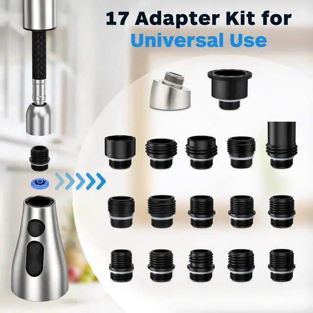 Alt view image 5 of 6 - Kitchen Faucet Head Replacement 3 Modes with 17 Adapters, Pull Down Spray Head for Kitchen Faucet, Kitchen Sink Faucet Head G 1/2, Sprayer Head Replacement, Compatible with MoenDelta, Kohler Faucets