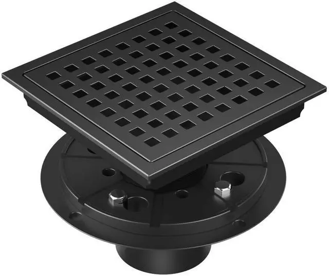 Main image of 6-Inch Square Shower Floor Drain Matte Black with ABS Flange | Stainless Steel, Anti-Clog, Removable Grid Grate Hair Strainer, for Modern Bathroom Remodel