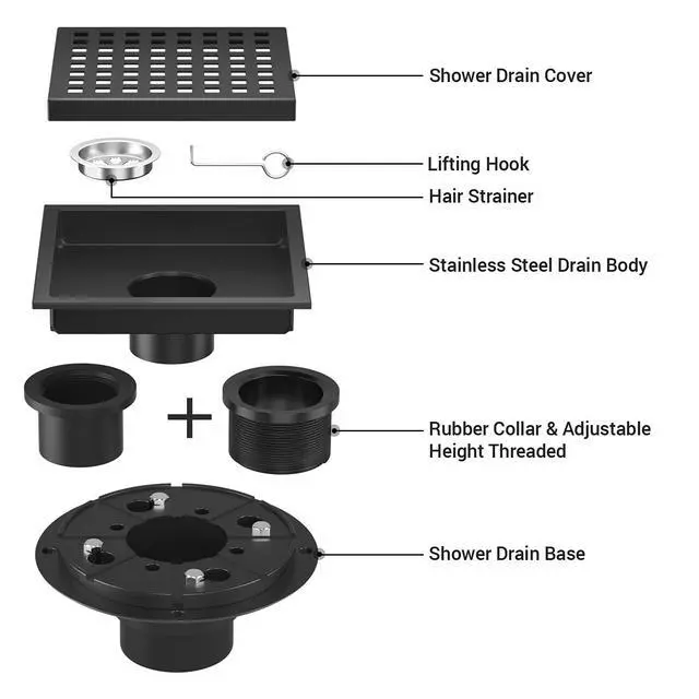 Alt view image 3 of 7 - 6-Inch Square Shower Floor Drain Matte Black with ABS Flange | Stainless Steel, Anti-Clog, Removable Grid Grate Hair Strainer, for Modern Bathroom Remodel