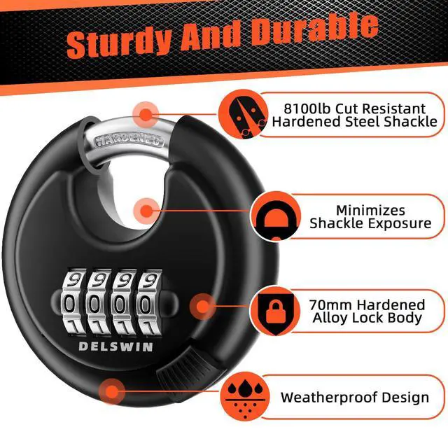 Alt view image 3 of 7 - 4-Digit Disc Combination Lock Outdoor - Heavy Duty Combination Padlocks with Hardened Steel Shackle Weatherproof Combo Locks for Gates,Sheds,Fence,Storage Unit (3/8" Shackle, Black,2 Pcs)