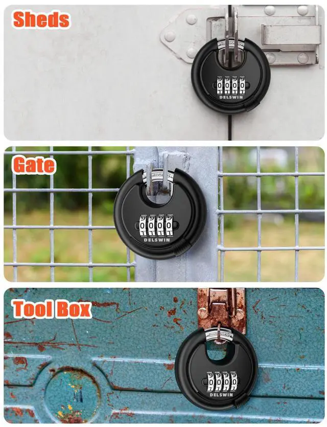 Alt view image 7 of 7 - 4-Digit Disc Combination Lock Outdoor - Heavy Duty Combination Padlocks with Hardened Steel Shackle Weatherproof Combo Locks for Gates,Sheds,Fence,Storage Unit (3/8" Shackle, Black,2 Pcs)