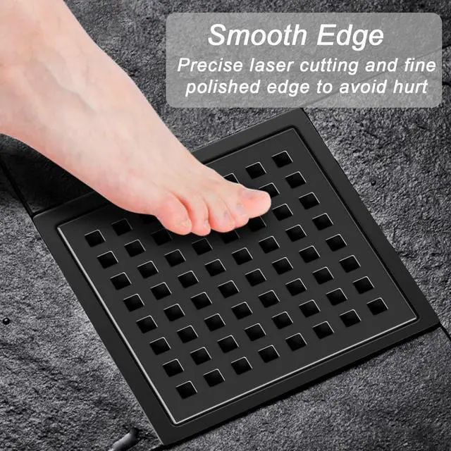Alt view image 6 of 7 - 6-Inch Square Shower Floor Drain Matte Black with ABS Flange | Stainless Steel, Anti-Clog, Removable Grid Grate Hair Strainer, for Modern Bathroom Remodel