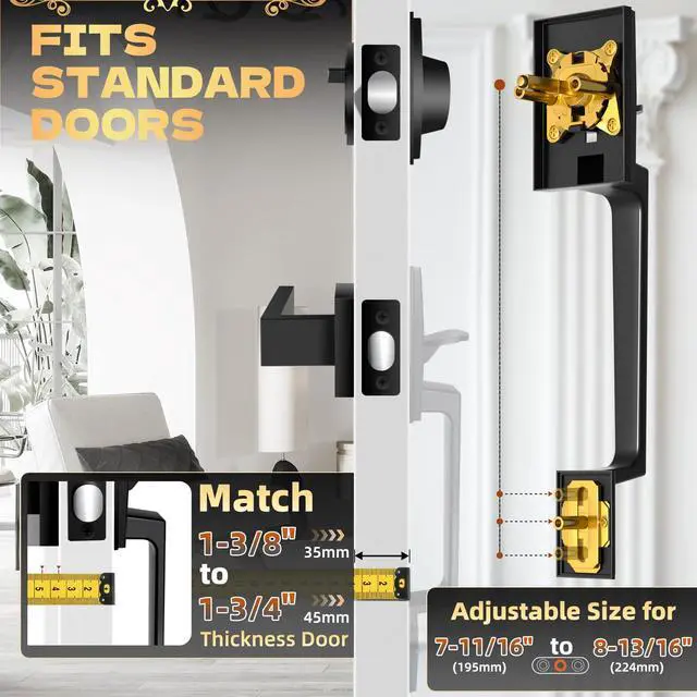 Alt view image 3 of 6 - Front Door Handle and Deadbolt Set, Exterior Front Door Lock Set | Front Door Handle with Single Cylinder Deadbolt for Exterior Door, Reversible for Right&Left (Matte Black Modern)
