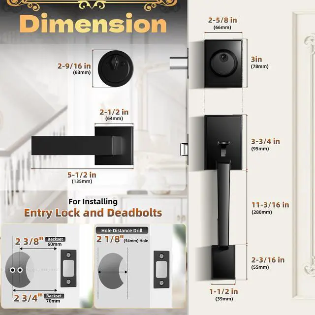 Alt view image 4 of 6 - Front Door Handle and Deadbolt Set, Exterior Front Door Lock Set | Front Door Handle with Single Cylinder Deadbolt for Exterior Door, Reversible for Right&Left (Matte Black Modern)