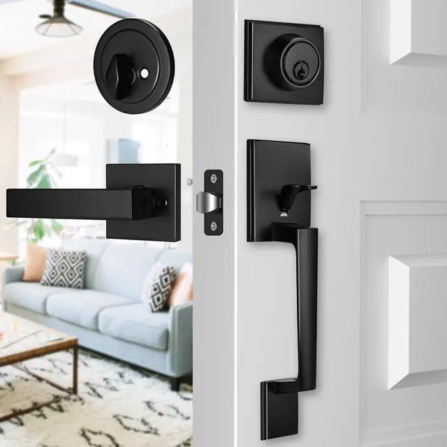 Alt view image 6 of 6 - Front Door Handle and Deadbolt Set, Exterior Front Door Lock Set | Front Door Handle with Single Cylinder Deadbolt for Exterior Door, Reversible for Right&Left (Matte Black Modern)