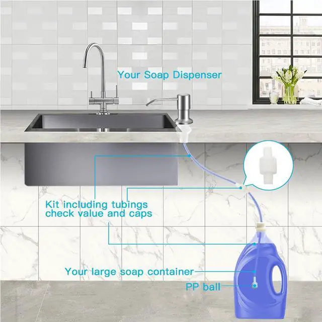 Alt view image 3 of 7 - Dish Soap Dispenser for Kitchen Sink (Brushed Nickel), Countertop Sink Soap Dispenser Water Pump with 47 No-Spill Extension Tube Kit Design for Kitchen Bathroom, No More Refills Sliver