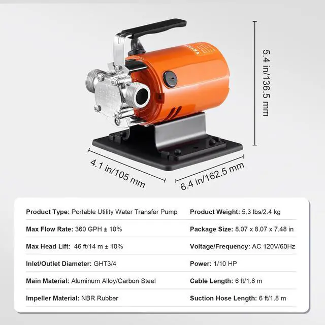 Alt view image 7 of 7 - Water Transfer Pump 115V, Utility Pump, 360 GPH Larger Flow, 46FT High-Lift, 1/10 HP Portable Electric Utility Pump with Water Hose Kit, Incl. Carbon Brushes, Impeller etc. For Water Removal