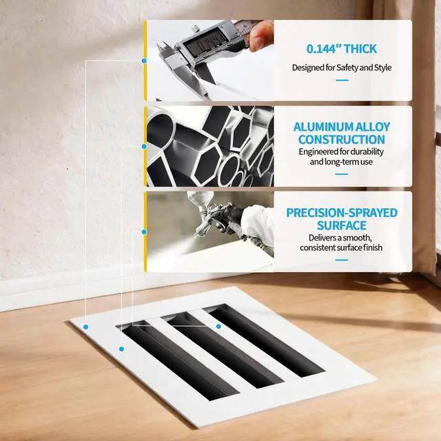 Alt view image 5 of 7 - 10x6 Modern AC Vent Cover, Decorative Air Vent Register Grille | Linear Slot Diffuser, Adjustable Airflow, Quiet Operation, HVAC Vent Cover for Ceiling, Wall & Floor, White Aluminum Alloy
