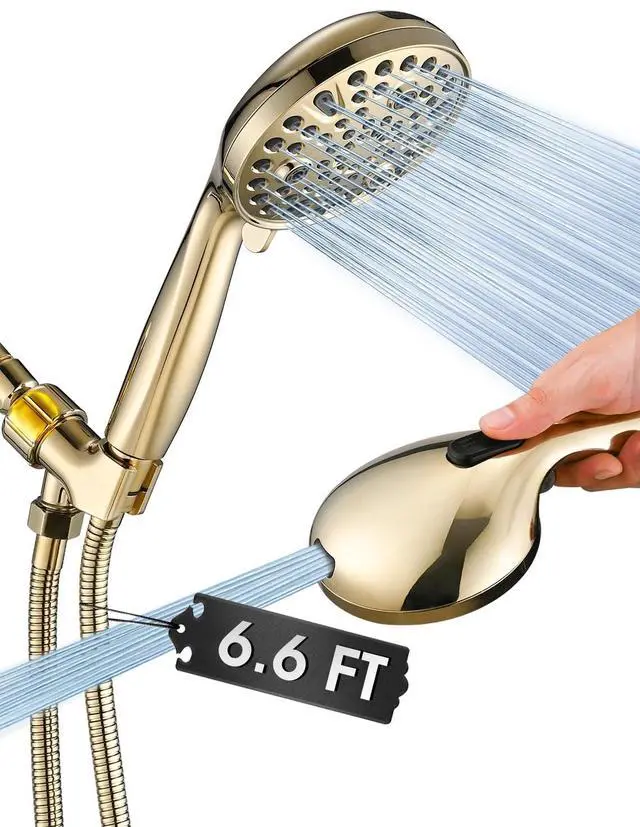Main image of High Pressure 10 Setting Handheld Shower Head, 5" Detachable Showerhead Spray Built-in Power Wash to Clean Tub, Tile & Pets, 79" Extra Long Stainless Steel Hose, Adjustable Bracket - Gold