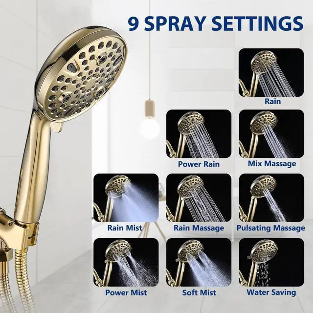 Alt view image 3 of 7 - High Pressure 10 Setting Handheld Shower Head, 5" Detachable Showerhead Spray Built-in Power Wash to Clean Tub, Tile & Pets, 79" Extra Long Stainless Steel Hose, Adjustable Bracket - Gold