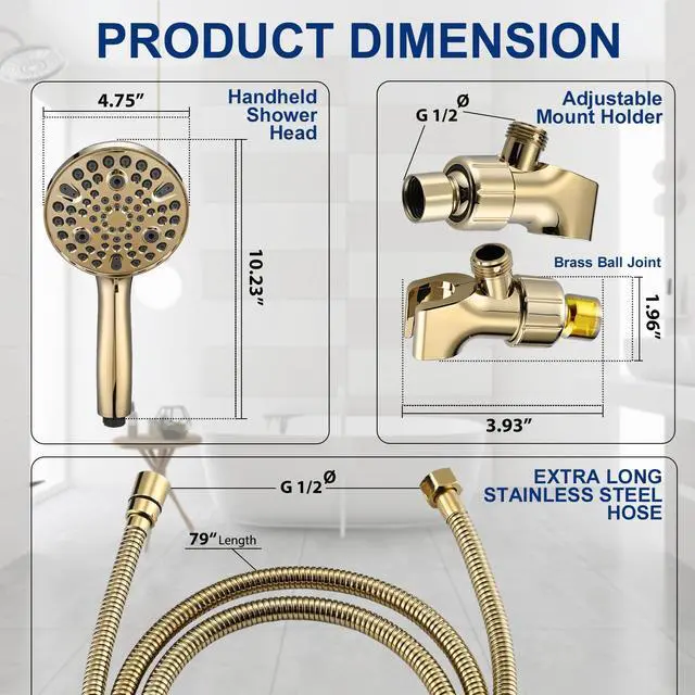 Alt view image 4 of 7 - High Pressure 10 Setting Handheld Shower Head, 5" Detachable Showerhead Spray Built-in Power Wash to Clean Tub, Tile & Pets, 79" Extra Long Stainless Steel Hose, Adjustable Bracket - Gold