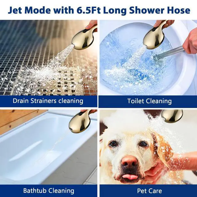 Alt view image 5 of 7 - High Pressure 10 Setting Handheld Shower Head, 5" Detachable Showerhead Spray Built-in Power Wash to Clean Tub, Tile & Pets, 79" Extra Long Stainless Steel Hose, Adjustable Bracket - Gold