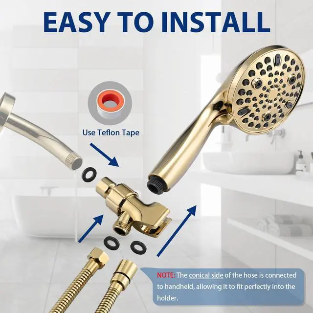 Alt view image 6 of 7 - High Pressure 10 Setting Handheld Shower Head, 5" Detachable Showerhead Spray Built-in Power Wash to Clean Tub, Tile & Pets, 79" Extra Long Stainless Steel Hose, Adjustable Bracket - Gold