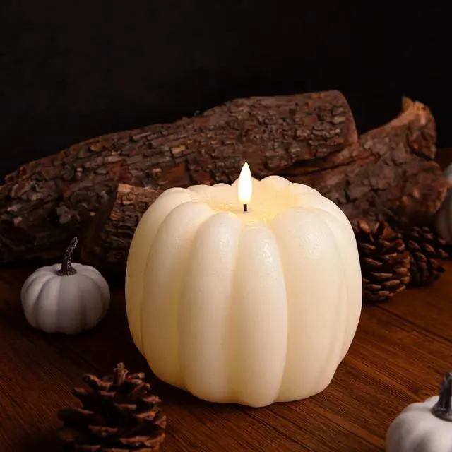 Alt view image 6 of 7 - Fall Decorations for Home - Flickering Flameless Wax Pumpkin LED Candle | Light Up Pumpkin Candle, Fall Decor, Timer Remote, Mantel Table Display, Thanksgiving Centerpiece, Autumn Indoor Use
