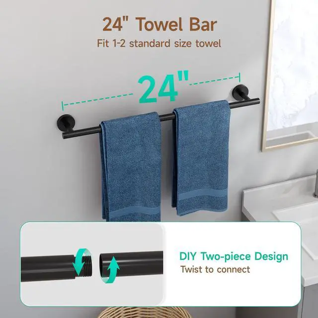 Alt view image 3 of 7 - 4PCS Matte Black Bathroom Accessories Set, 24-Inch Towel Bar Set | Durable SUS304 Stainless Steel Bathroom Hardware Set, Towel Racks for Bathroom Wall Mounted, Modern Home Decor