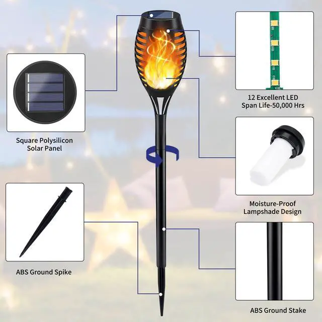 Alt view image 5 of 6 - 12Pack Solar Torch Light with Flickering Flame for Halloween Decor | Solar Lights Outdoor for Halloween Decorations, Waterproof Solar Garden Lights, Solar Flame Lights for Pathway Yard Decor