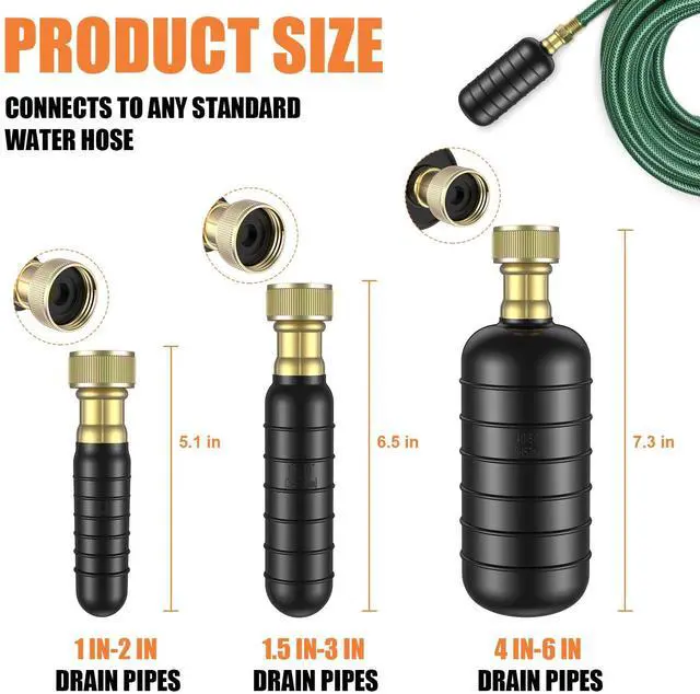 Alt view image 2 of 7 - 3 Pcs Drain Bladder Kit, Drain Cleaning Bladder Fits 1" to 6" Pipes, Rubber Drain Bladder Unclogger for Bathroom Sinks, Showers, Swimming Pool Drains, Kitchen Sinks and Main Drains