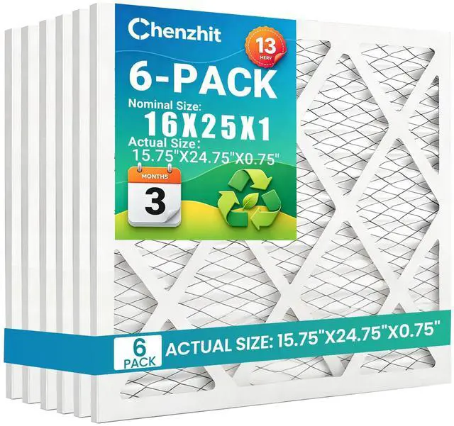 Main image of (6 Pack) 16x25x1 Furnace Air Filters, MPR 1900 & FPR 10, MERV 13 Pleated Air Filter (Actual Size: 15.75"x24.75"x0.75")