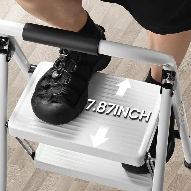 Alt view image 4 of 7 - Step Stool for Adults,2 Step Ladder Folding 330lbs Anti Slip Step Stool,Foldable Ergonomic 2 Steel Stool with Wide Pedal for Home, Kitchen, Office (White)