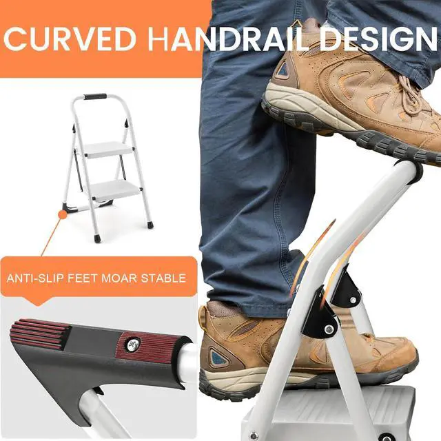 Alt view image 5 of 7 - Step Stool for Adults,2 Step Ladder Folding 330lbs Anti Slip Step Stool,Foldable Ergonomic 2 Steel Stool with Wide Pedal for Home, Kitchen, Office (White)