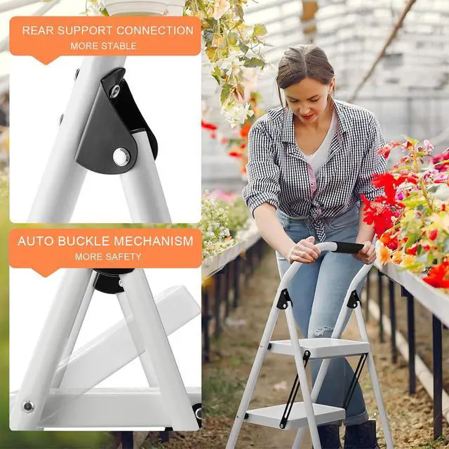 Alt view image 6 of 7 - Step Stool for Adults,2 Step Ladder Folding 330lbs Anti Slip Step Stool,Foldable Ergonomic 2 Steel Stool with Wide Pedal for Home, Kitchen, Office (White)