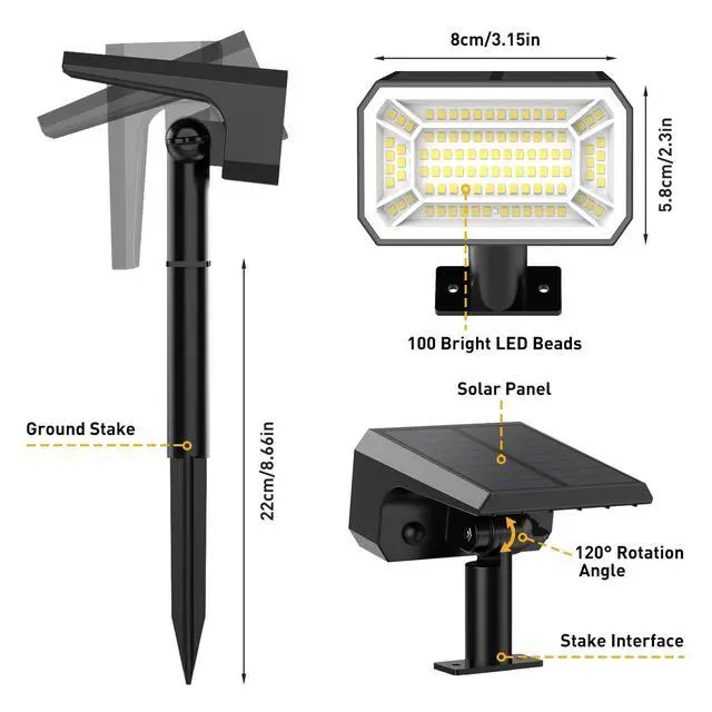 Alt view image 7 of 7 - Solar Spot Lights Outdoor, Landscape Spotlights, 8 Pack Cool White | 800Lumens 100 LEDs, 4 Lighting Modes, IP65 Waterproof, 2-in-1 Solar Uplights for Yard Garden Pathway Driveway