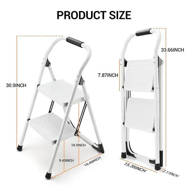 Alt view image 7 of 7 - Step Stool for Adults,2 Step Ladder Folding 330lbs Anti Slip Step Stool,Foldable Ergonomic 2 Steel Stool with Wide Pedal for Home, Kitchen, Office (White)