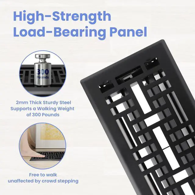 Alt view image 2 of 7 - 4x10 Inches Heavy Duty Walkable Floor Register Easy Adjust Air Supply Lever Floor Vents - Seattle Design - Vent Cover for Home Floor - Matte Black