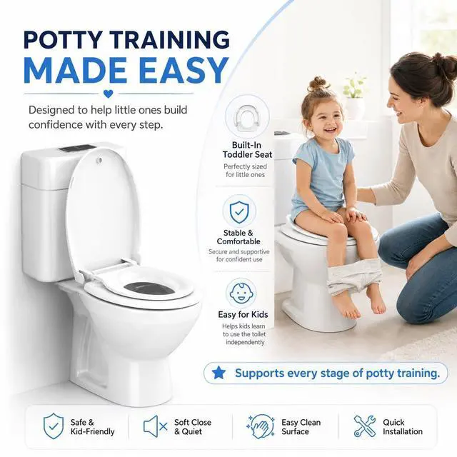 Alt view image 2 of 6 - Round Toilet Seat with Built-In Toddler Seat, 2-in-1 Potty Training Toilet Seat for Adults & Kids, Soft Close, Magnetic Child Seat, Quick Release & Easy Clean, Fits Standard Round Toilets, White