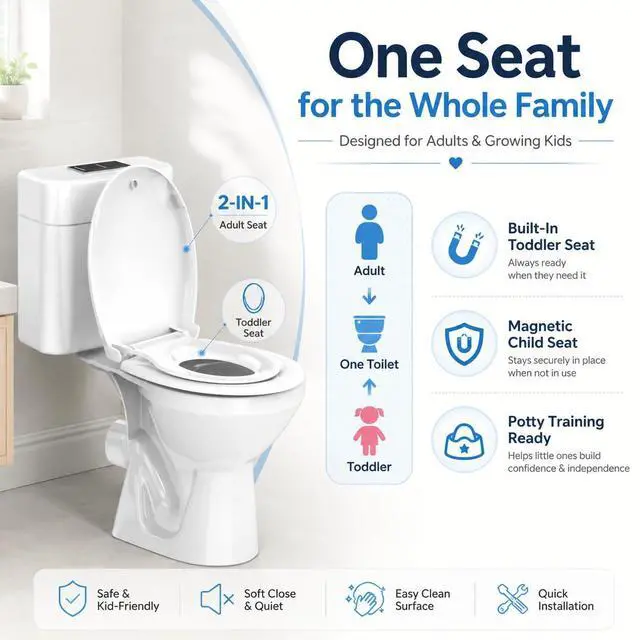 Alt view image 3 of 6 - Round Toilet Seat with Built-In Toddler Seat, 2-in-1 Potty Training Toilet Seat for Adults & Kids, Soft Close, Magnetic Child Seat, Quick Release & Easy Clean, Fits Standard Round Toilets, White