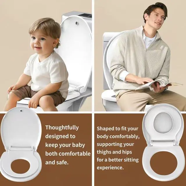 Alt view image 4 of 6 - Round Toilet Seat with Built-In Toddler Seat, 2-in-1 Potty Training Toilet Seat for Adults & Kids, Soft Close, Magnetic Child Seat, Quick Release & Easy Clean, Fits Standard Round Toilets, White