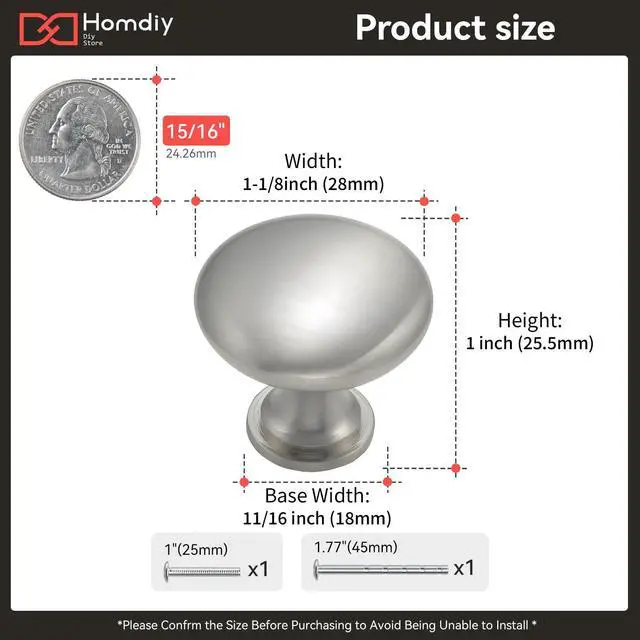 Alt view image 2 of 7 - 30 Pack Brushed Nickel Round Solid Zinc Alloy Cabinet Knobs | Rust Resistant, Smooth Surface, Versatile for Kitchen, Bathroom, or Furniture, Easy Installation with Screws Included