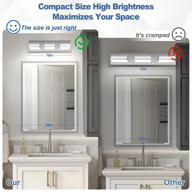 Alt view image 3 of 7 - Modern LED Stainless Steel Chrome Acrylic Bathroom Lights Fixtures 3-Light | Wall Lighting,Vanity Lights for Bathroom Over Mirror 6000K 350°RotateNo Assembly Required