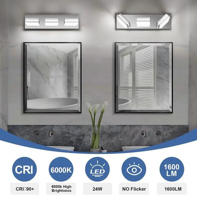 Alt view image 5 of 7 - Modern LED Stainless Steel Chrome Acrylic Bathroom Lights Fixtures 3-Light | Wall Lighting,Vanity Lights for Bathroom Over Mirror 6000K 350°RotateNo Assembly Required