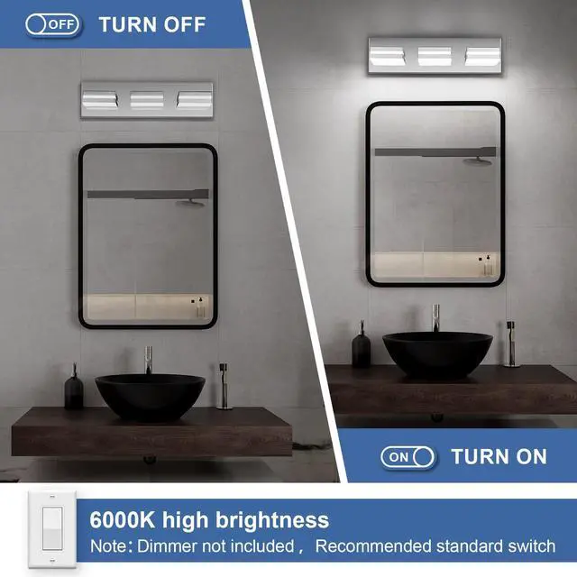 Alt view image 6 of 7 - Modern LED Stainless Steel Chrome Acrylic Bathroom Lights Fixtures 3-Light | Wall Lighting,Vanity Lights for Bathroom Over Mirror 6000K 350°RotateNo Assembly Required