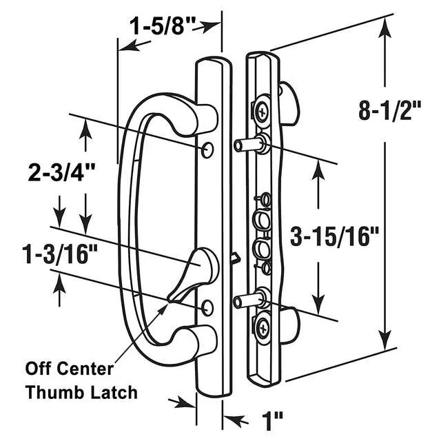 Alt view image 2 of 7 - Offset Position Non-Keyed Sliding Patio Door Handleset with Mortise Lock, 45° Keyway, 3-15/16" H.C., Fits 1-3/8" to 2-1/4" Thick Doors, No-Handed, White Diecast