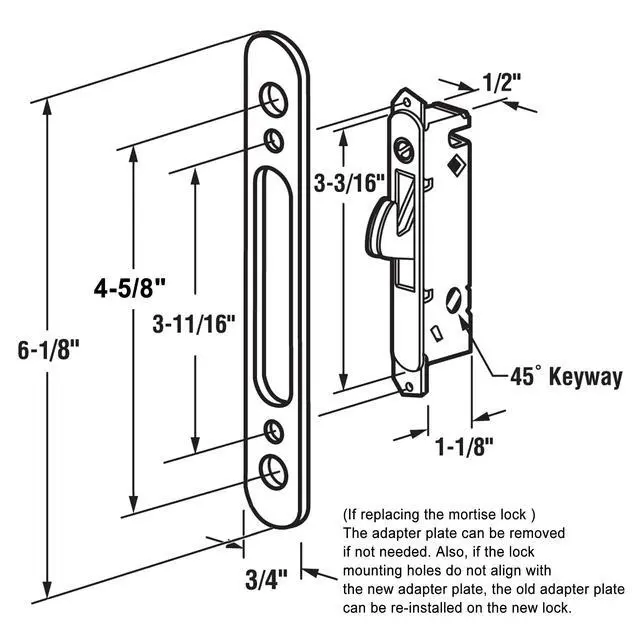 Alt view image 3 of 7 - Offset Position Non-Keyed Sliding Patio Door Handleset with Mortise Lock, 45° Keyway, 3-15/16" H.C., Fits 1-3/8" to 2-1/4" Thick Doors, No-Handed, White Diecast