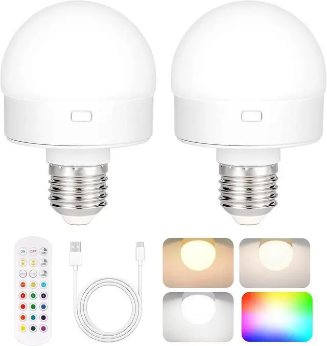 Main image of Rechargeable Battery Operated Light Bulb with Remote & Timer, Dimmable Backup Magnetic LED Bulb with 15 Colors, Wireless Puck Light Bulb for Wall Sconce Lamps, Non-Hardwired, 2-Pack