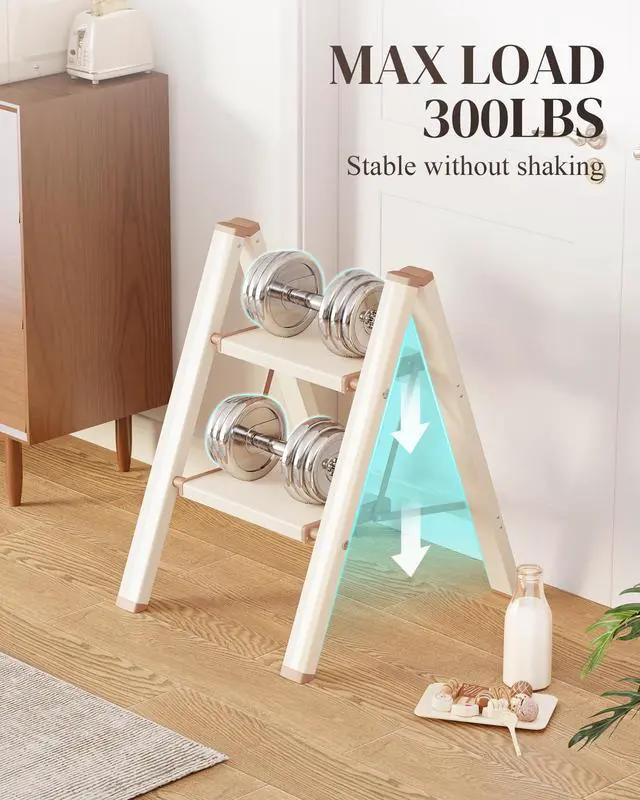 Alt view image 4 of 7 - 2 Step Ladder, Folding Step Stool with Wider Pedal, Anti-Slip Feet & Non Slip Stripes, Aluminum Sturdy Material, 300Lbs Capacity, Elegant Look of Cream Chocolate Better Matches Your Home
