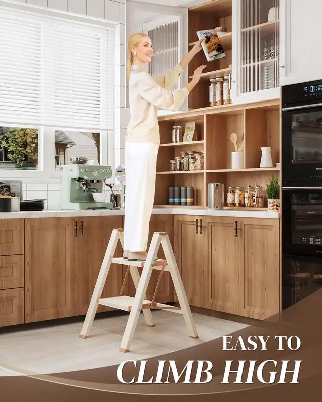 Alt view image 5 of 7 - 2 Step Ladder, Folding Step Stool with Wider Pedal, Anti-Slip Feet & Non Slip Stripes, Aluminum Sturdy Material, 300Lbs Capacity, Elegant Look of Cream Chocolate Better Matches Your Home