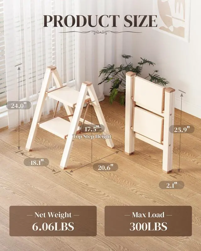 Alt view image 6 of 7 - 2 Step Ladder, Folding Step Stool with Wider Pedal, Anti-Slip Feet & Non Slip Stripes, Aluminum Sturdy Material, 300Lbs Capacity, Elegant Look of Cream Chocolate Better Matches Your Home