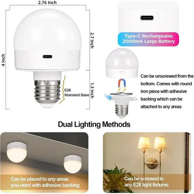 Alt view image 5 of 7 - Rechargeable Battery Operated Light Bulb with Remote & Timer, Dimmable Backup Magnetic LED Bulb with 15 Colors, Wireless Puck Light Bulb for Wall Sconce Lamps, Non-Hardwired, 2-Pack