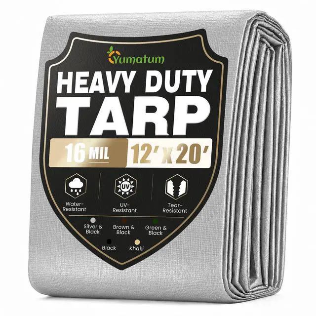 Main image of 16 Mil 12x20 FT Heavy Duty Waterproof Tarps for Outdoor, Silver | Heavy Duty Tarps with Reinforced Edges & Rustproof Grommets, Waterproof Cover for Roof, Tent, Camping, Pool, Car